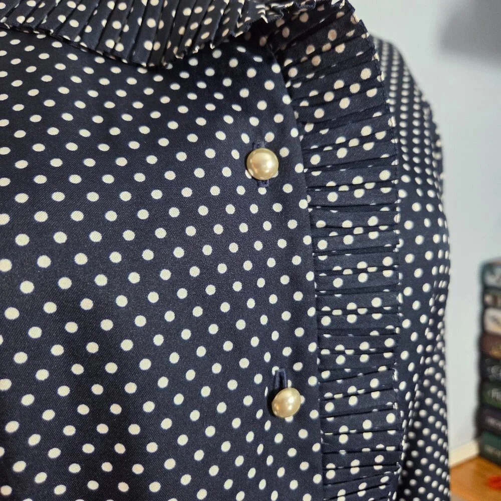 Vintage Abe Schrader Size 10 Navy Blue Polka Dot Peal Ruffle Long Dress - Picture 3 of 9